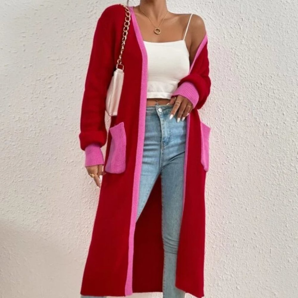 knit Open Front Colorblock Pocketed Cardigan Pink Red - Picture 4 of 10